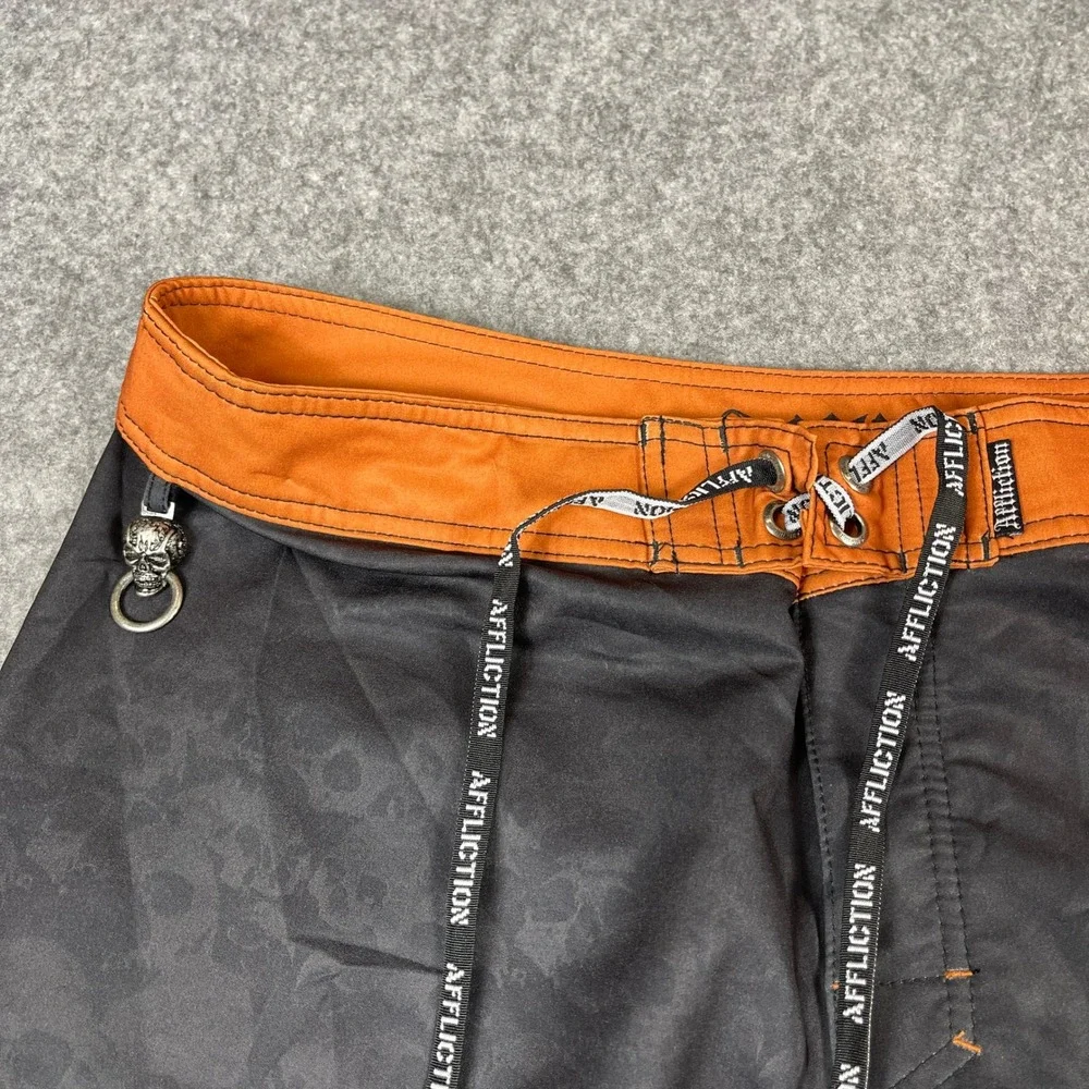 Affliction Mens 38 Board Shorts Black Orange Grim Reaper Gothic Cross Studded